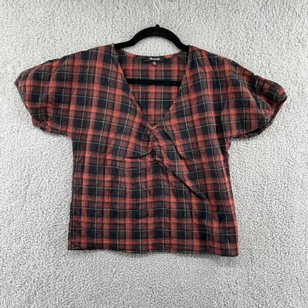 Madewell Gathered V-Neck Top in Plaid